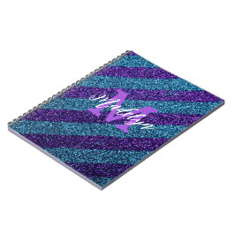 Caderno Espiral Styilsh Azul e Glitter Monograma Nome Roxo 