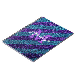 Caderno Espiral Styilsh Azul e Glitter Monograma Nome Roxo