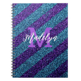 Caderno Espiral Styilsh Azul e Glitter Monograma Nome Roxo 