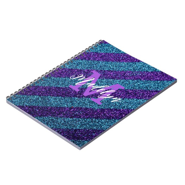 Caderno Espiral Styilsh Blue &Purple Glitter Monogram Name  (Left Side)