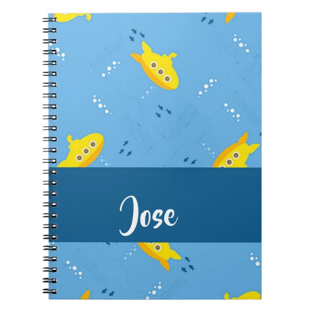 Caderno Espiral Submarino amarelo e peixe em azul (Frente)
