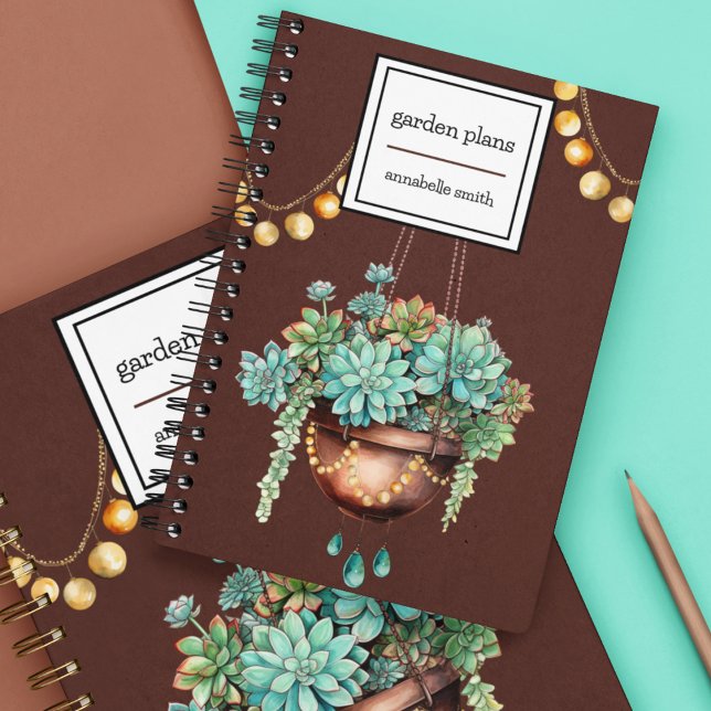 Caderno Espiral Suculente de enforcamento em Pote de cobre e turqu (Cute plants in copper and aqua  on a spiral notebook you can personalize.  Great for plant lovers. )