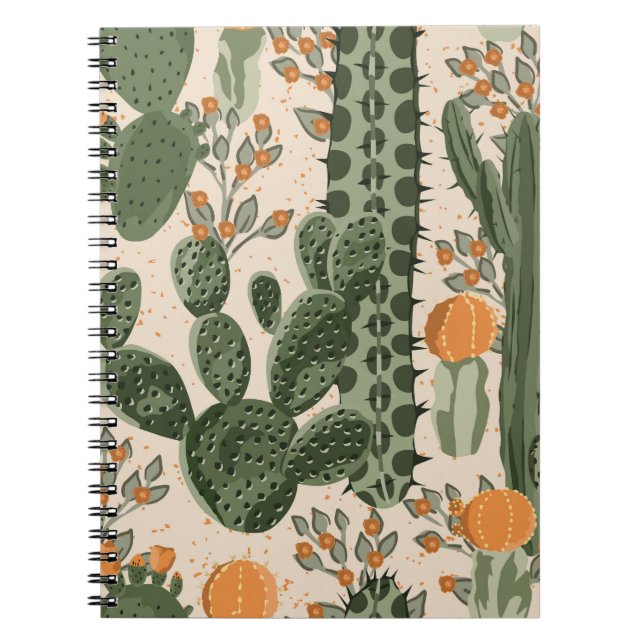 Caderno Espiral Suculentes verdes, flores laranja, papel de parede (Frente)