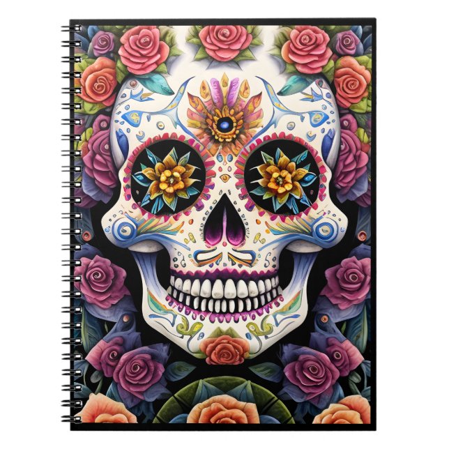 Caderno Espiral Sugar Skull Art - Dia de los Muertos Floral Skull (Frente)