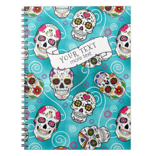 Caderno Espiral Sugar Skulls and Swirls Rosa Turquoise ID725