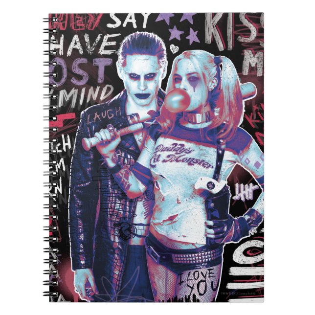 Caderno Espiral Suicide Squad | Joker & Harley Typography Photo (Frente)