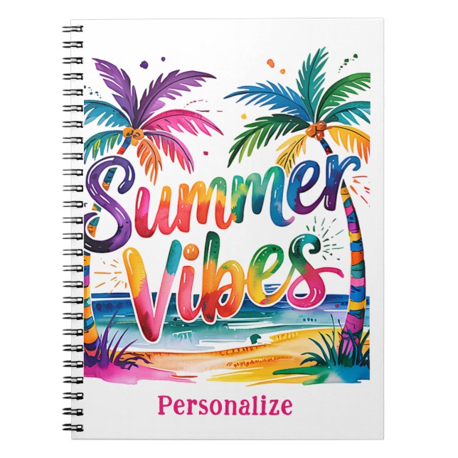 Caderno Espiral Summer Vibes Tropical Palm Tree Ocean Personalizad (Frente)