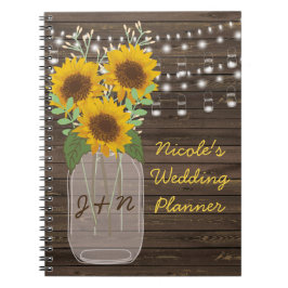 Caderno Espiral Sunflower Country Wood Mason Jar Wedding