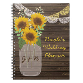 Caderno Espiral Sunflower Country Wood Mason Jar Wedding