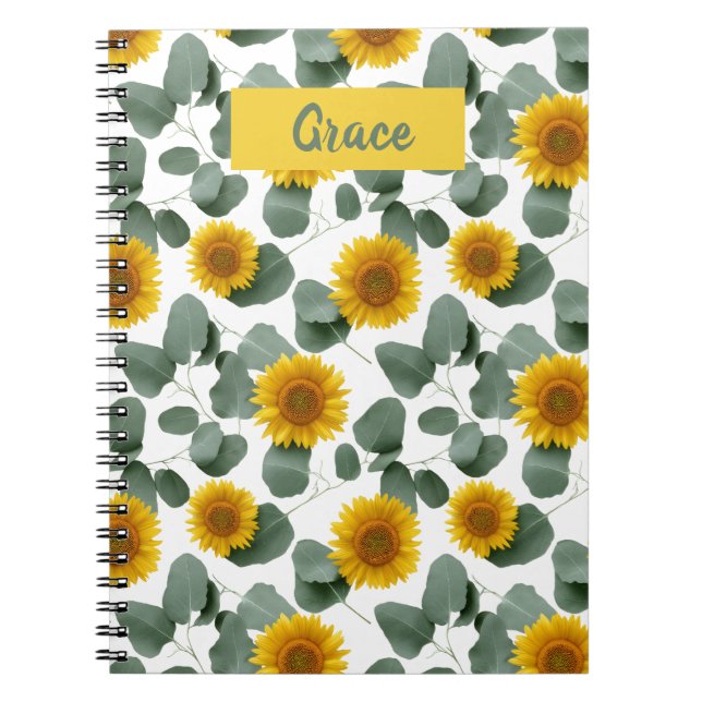 Caderno Espiral Sunflowers with Eucalyptus Leaves Pattern Custom (Frente)