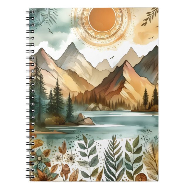 Caderno Espiral Sunny Rustic Boho Nature Pattern Mountain Lake (Frente)