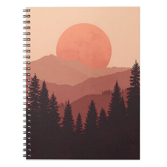 Caderno Espiral Sunset Mountain Forest Nature Illustration (Frente)