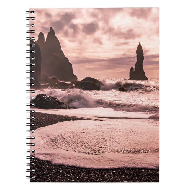 Caderno Espiral Sunset na praia de areia negra de Reynisfjara, Isl (Frente)
