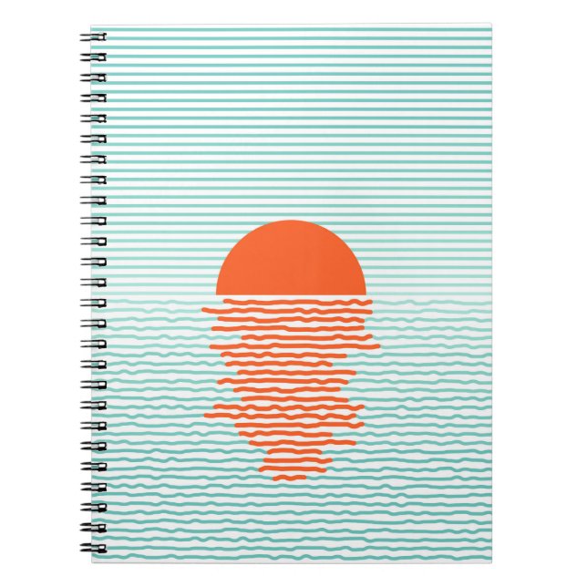 Caderno Espiral Sunset no oceano - fundo striped. artsuns da linha (Frente)