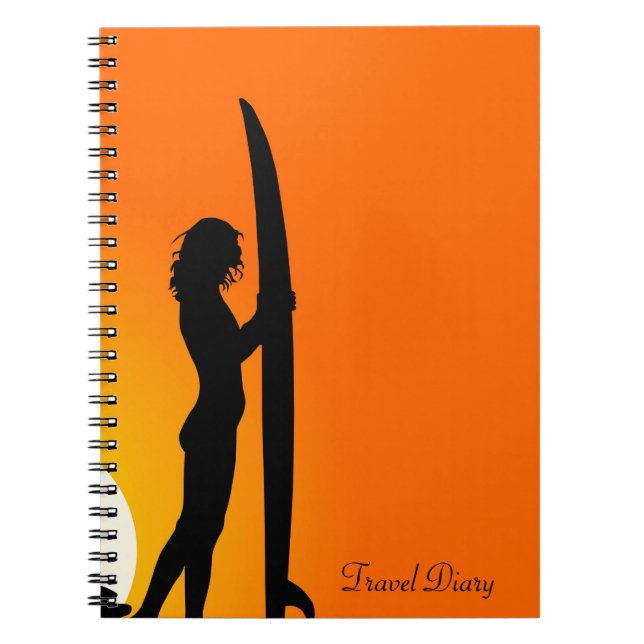Caderno Espiral Sunset Surfer Girl com um diário de Viagem de surf (Frente)
