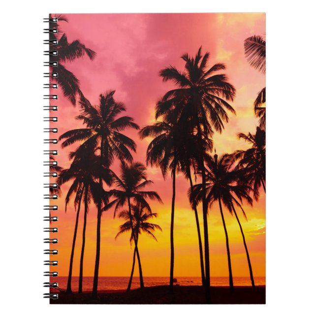 Caderno Espiral Sunset Tropical: Serenidade Silhueta Palma. (Frente)