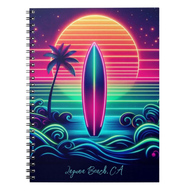 Caderno Espiral Surfar no Neon Sunset (Frente)