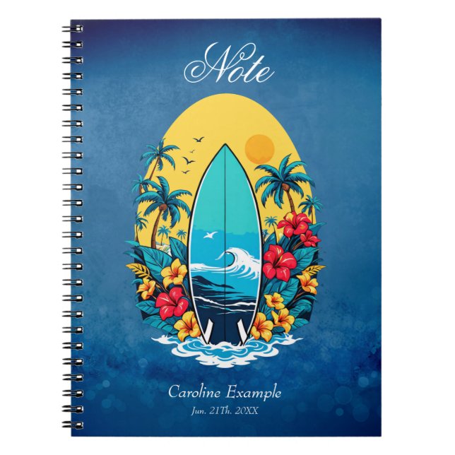 Caderno Espiral Surfboard de na moda com flores tropicais exuberan (Frente)