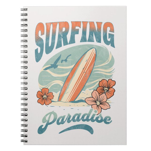 Caderno Espiral Surfing Paradise retro style design (Frente)
