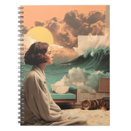 Caderno Espiral Surreal Interior With Woman and Cat