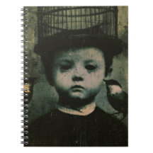 Surrealista pássaro enjaulado e criança preto e br