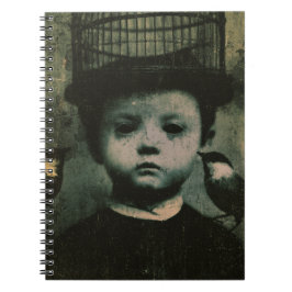 Caderno Espiral Surrealista pássaro enjaulado e criança preto e br