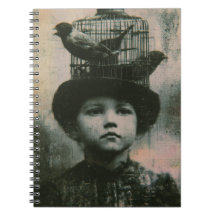 Surrealista pássaro enjaulado e criança preto e br