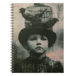 Caderno Espiral Surrealista pássaro enjaulado e criança preto e br