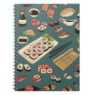Caderno Espiral Sushi Rolls: Vintage sem costura colorida.