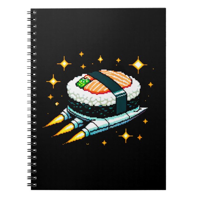 Caderno Espiral Sushi Spaceship Pixel Art Voando Sushi Roll Design (Frente)