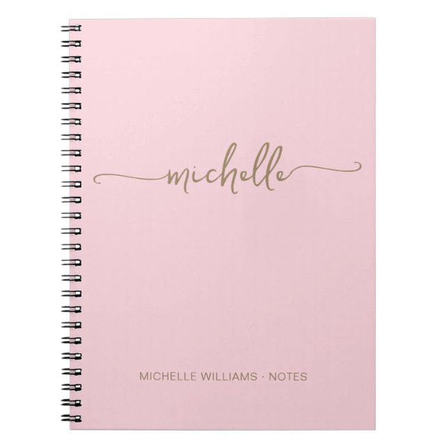 Caderno Espiral Sutil Rosa Bege Feminino Monograma Dourado Script (Frente)