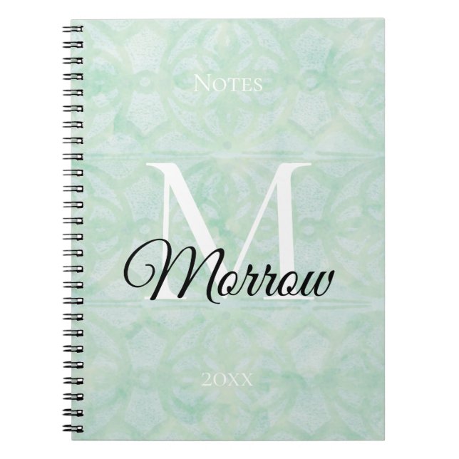 Caderno Espiral Sweet Mint Green Batik Name e Year Monogrammed (Frente)