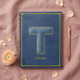 Caderno Espiral T Monograma de Nome de Letra Aplicada em Denim Azu