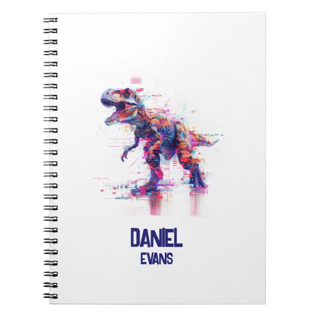 Caderno Espiral T-Rex Dinossauro Futurístico com Efeito Glitch e N (Frente)
