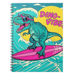 Caderno Espiral T-Rex vestindo óculos de sol e cavalgando um néon