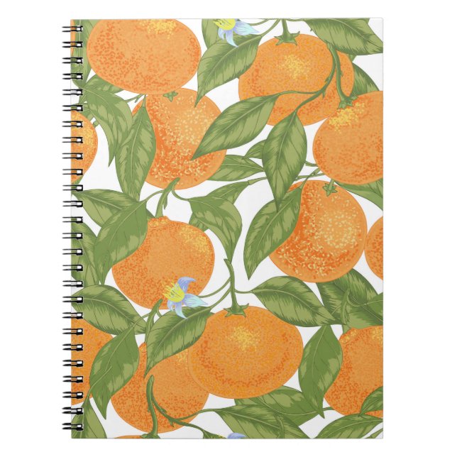 Caderno Espiral tangerina de laranja sem costura com folhas e (Frente)