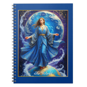 Caderno Espiral Tarot Card, o mundo, em Azul Profundo