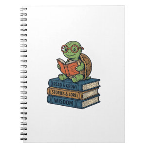 Caderno Espiral Tartaruga Cute Lendo em Livros Vetor Vintage_1