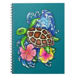 Caderno Espiral Tartaruga do Mar Tropical e Hibiscus