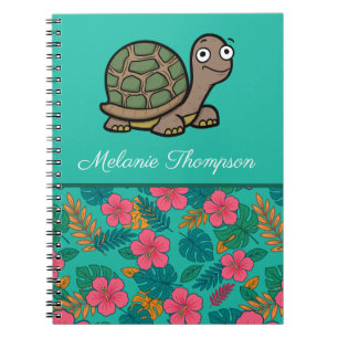 Caderno Espiral Tartaruga Engraçada Padrão Floral Nome Personaliza