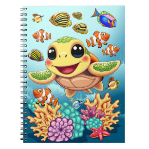 Caderno Espiral Tartaruga Marinha Bebê Feliz e Fofa Personagem