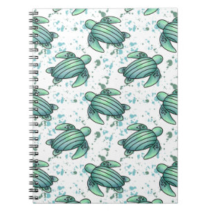 Caderno Espiral tartaruga marinha em aquarela padrão verde azul an