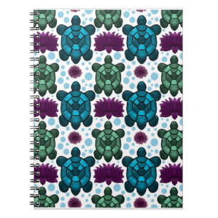 Caderno Espiral Tartaruga marinha em tons de verde e azul padrão d