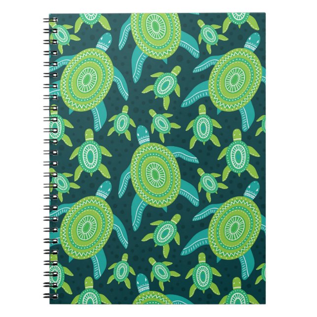 Caderno Espiral Tartarugas de ornamento verde: padrão de safra. (Frente)