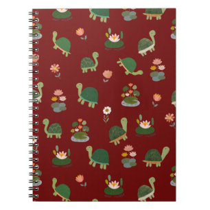 Caderno Espiral Tartarugas & Folhas de Lótus em Vermelho Escuro