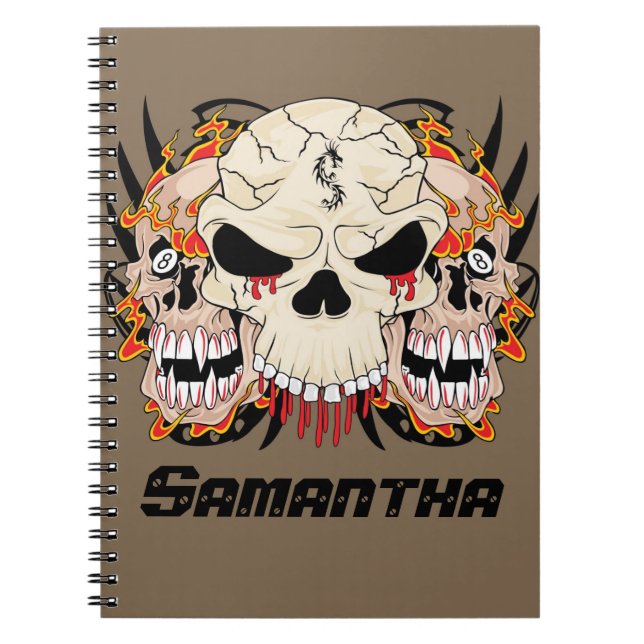 Caderno Espiral Tatuagem Caveira Oito Bola Incêndio Espiral (Frente)