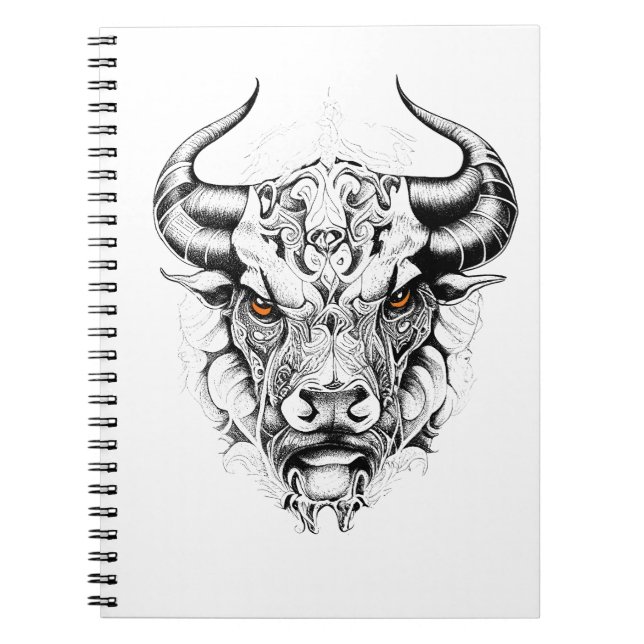 Caderno Espiral Tatuagem De Arte Com Ilustração Animal Touro (Frente)