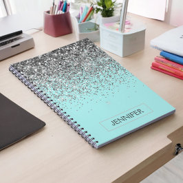 Caderno Espiral Teal Aqua Blue Silver Glitter Girly Monographic No