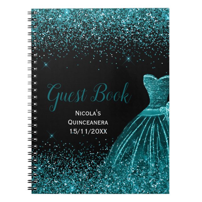 Caderno Espiral Teal Blue Dress Faux Glitter Quinceanera Guest  (Frente)