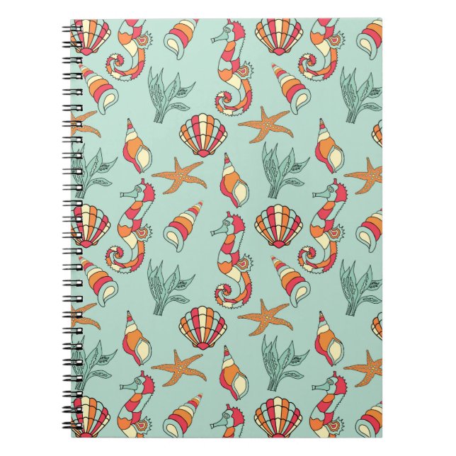 Caderno Espiral Teal de Patterno de Seacavalo e Seashell (Frente)